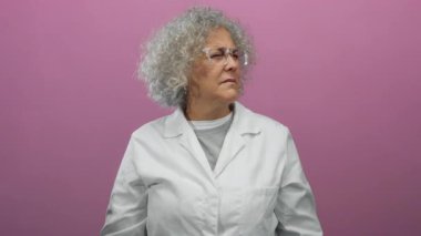 İzole edilmiş pembe arka plana karşı beyaz laboratuvar önlüğü giyen yaşlı bir kadın rahatsız edici ve endişeli bir ifadeyle sesi engelliyor..