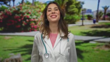 Steteskoplu genç İspanyol kadın doktor, güneşli bir gökyüzünün altında canlı yeşillikler ve çiçeklerle çevrili bir açık hava parkında güvenle gülümsüyor..