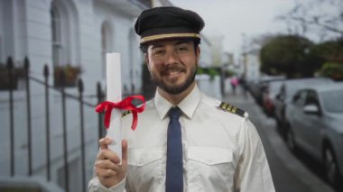 Dışarıda üniformalı genç bir İspanyol bir adam sokakta diplomasını tutuyor. Profesyonel bir ortamda başarısını sergiliyor. Kendine güvenen bir gülümsemesi ve kutlama pozuyla..