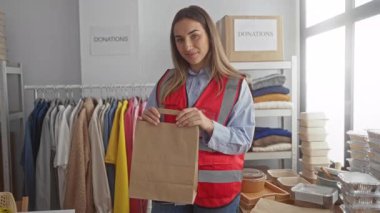 Bağış merkezinde, içinde giysi ve paketler olan bir yardım çantası taşıyan genç bir kadın.