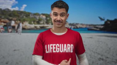 Kırmızı tişörtlü genç İspanyol cankurtaran açık mavi deniz ve arka planda yeşillikle güneşli sahilde güvenle dikiliyor..