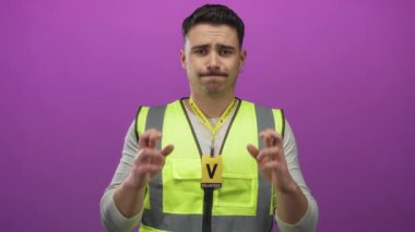 Yansıtıcı yelek giyen İspanyol bir adam pembe bir arka plana karşı umut ve gönüllülük taşıyor..