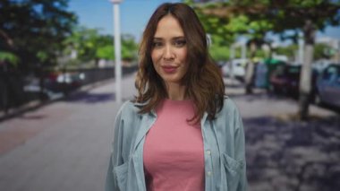 Şehir caddesinde gülümseyen bir kadın, elleri ile para hareketi gösteriyor, pembe gömlek ve kot ceket giyiyor, arabalar ve yeşil ağaçlarla çevrili, kentin İspanyol havasını yakalıyor..