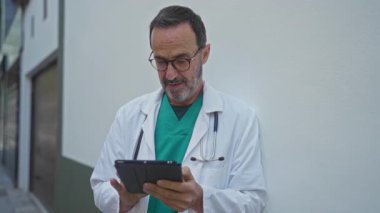 Beyaz önlüklü olgun İspanyol doktor hastane ortamının dışındaki şehir sokağında tablet kullanıyor.