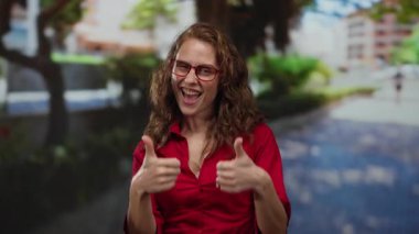 Şehirde bir kadın var. Gülümsüyor ve başparmak işareti yapıyor. Kırmızı gözlük ve gömlek takıyor..