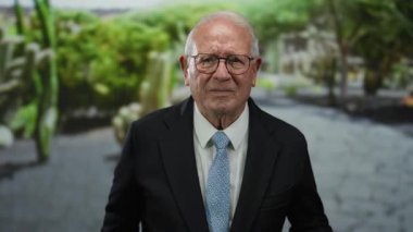 Takım elbiseli kıdemli bir adam ciddi bir ifadeyle parkta dikiliyor. Dışarısı yemyeşil, profesyonel ve derin düşüncelere dalmış bir halde..