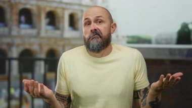 Kel ve sakallı bir adam Roma Kolezyumu 'nun önünde şaşkın görünüyor, İtalya' da görünür dövmeleri olan sıradan bir açık hava sahnesi sergiliyor, gün ışığında sarı bir gömlek giyiyor..