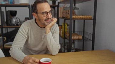 Orta yaşlı İspanyol bir adam ofiste oturur, kahvesini yudumlar, düşünceli ve rahat görünür..