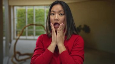 Kapalı alanda, kırmızı süveter giyen, arka planda bulanıklık olan bir kadın iç mekan ortamını işaret ediyor..