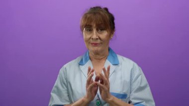 Üniformalı bir kadın mor arka planda gülümsüyor, temizlik hizmeti bağlamında dostça ve profesyonel bir davranış sergiliyor.