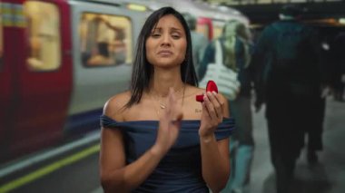 Tren istasyonunda nişan yüzüğüyle duygusal çöküntüye uğramış bir kadın, kapalı mekan ortamında üzüntüsünü dile getiriyor, sevgi, reddedilme ve alenen duygu gösterileri yapıyor..