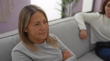 Oturma odasındaki kanepede oturan kadınlar sakin yüz ifadeleri sergiliyorlar, doğal ışık ile sıcak bir evde aile bağlarını vurguluyorlar..