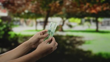 Bir park ortamında Norveç kronu banknotları tutan bir adam, güpegündüz açık havada, otantik bir para birimi konsepti için yeşil yapraklı bir mali işlem sergiliyor..