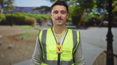Yansıtıcı yelek giyen İspanyol adam güneşli bir park ortamında gönüllü ruhu ve açık hava toplum nişanını sembolize ediyor..