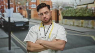 Sakallı ve steteskoplu genç bir erkek doktor şehir caddesinde kollarını kavuşturarak profesyonel ciddi davranışlarını sergiliyor..