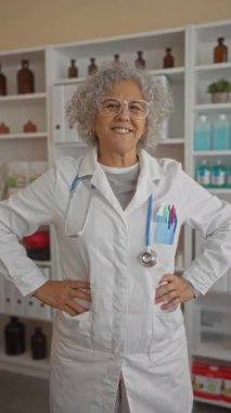 Gri saçlı, beyaz önlüklü ve gözlüklü yaşlı bir kadın klinik ortamında kendine güveniyor ve profesyonel bir tıbbi çevreyi somutlaştırıyor..