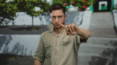 Sakallı genç adam, şehir sokaklarında yeşil çizgili parmakla 