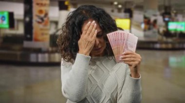 Havaalanı terminalinde elinde Thai baht banknotları tutan bir kadın kapalı alanda strese girmiş gibi görünüyor. Seyahat düzeninde endişe ve mali stresi dile getiriyor..