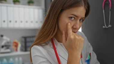 Klinikteki kadın, tıbbi ekipman ve belgelerle çevrili modern bir hastane odasında dikilirken yüzünü ciddi bir ifadeyle inceliyor..