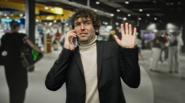 Genç adam havaalanı terminalinde endişeli görünüyor, kulağına yakın bir telefon tutuyor, kapalı alanda yoğun bir çevreyle çevrili şık siyah bir ceket giyiyor..