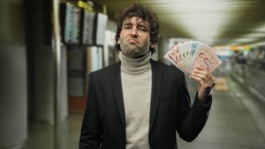 Tayland paralarını kapalı bir havaalanı terminalinde tutan adam zenginlik ve seyahat odaklı taşır..