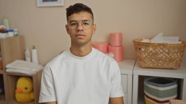 Evde gözlüklü genç İspanyol bir adam modern bir oturma odasının içinde rahat bir dekorla çevrili kameraya rahatça bakıyor..