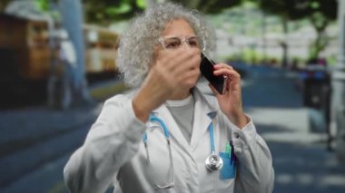 Doktor, gri saçlı ve gözlüklü, şehir merkezinde bir telefon kulübesinde steteskopla konuşuyor, yoğun bir konuşma sinyali veriyor..