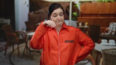 Hapishane tulumlu esmer kadın bir restoran sokağının yukarısındaki terasta endişeli görünüyor..