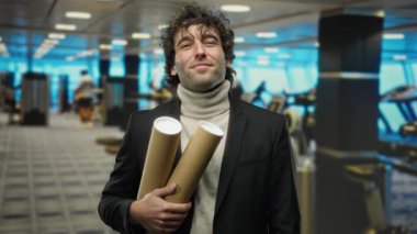 Spor salonunda elinde karton tüplerle gülümseyen ve normal bir jest yapan takım elbise ve balıkçı yaka giyen enerjik ve dinamik bir atmosfere güvenen genç bir adam..