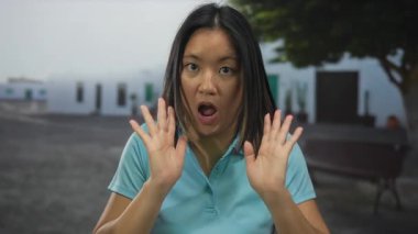 Kadın şehir sokaklarında şaşırdığını ifade ediyor. Elleri havada, şoka girmiş ya da şehir zemininde gün ışığında dehşete düşmüş..