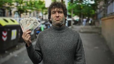 İspanyol adam, geri dönüşüm konteynırlarının yanında İngiliz banknotları tutuyor ve kafasının karıştığını söylüyor..