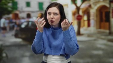 Eski şehir sokaklarında karışıklık ve gözyaşı saçan bir kadın şehir atmosferinde bulanık arka plan ve yeşil kepenklerle duygusal ifade sergiliyor.