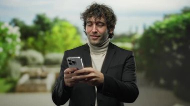 Açık havada gülümseyen, akıllı telefon kullanan, kıvırcık saçlı, siyah takım elbiseli ve kafasına dokunan bir adam bir anlık tefekkür ve bağlantı kuruyor..