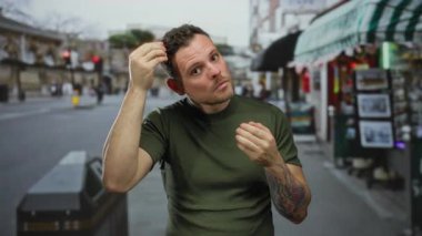 Dövmeli genç bir adam, güneşli bir günde şehir sokağında dikilirken, şehirde samimi bir anı yakalıyor..