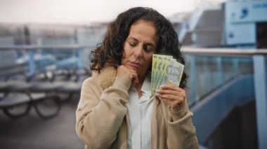 Bir limandaki bir teknede elinde banknotlar tutan Romen kadın, mali veya seyahat teması öneren bir açık hava ayarıyla çevrili, lei para birimi görünür görünüyor..