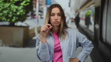 Şehir sokaklarında jest yapan, arka planda bulanık giysiler giyen şehir ortamında el işaretleriyle duygularını ifade eden genç bir kadın..