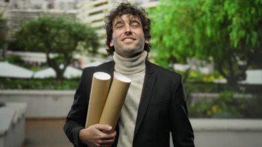 Kentsel sokak ortamında kendine güveni olan bir adam yeşil arka planda şık ve yakışıklı bir görünüm sergiliyor..