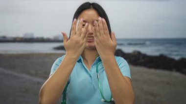 Steteskoplu genç Çinli kadın doktor, deniz manzarasından keyif alırken neşeyle gülümsüyor, mavi bluz giyiyor, açık hava tatilinde sahilde neşeli bir anı canlandırıyor..