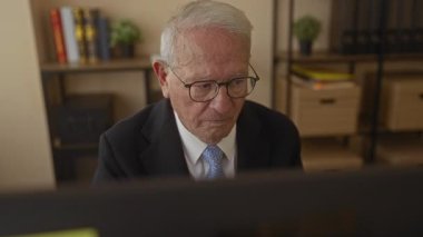 Takım elbiseli kıdemli bir adam ofiste oturup kulaklarını parmaklarıyla kapatarak iş yerindeki hayal kırıklığını ifade ediyor..