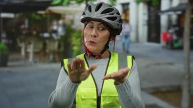 Şehir sokaklarında miğfer ve güvenlik yeleği giyen yaşlı İspanyol kadın, arka planda bulanık bir şehir ortamında para harcamayı sembolize eden neşeli bir jest yapıyor..