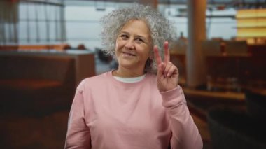 Kapalı bir lokantada huzur tabelasıyla gülümseyen, gri saçları ve günlük kıyafetleri olan bir kadın..