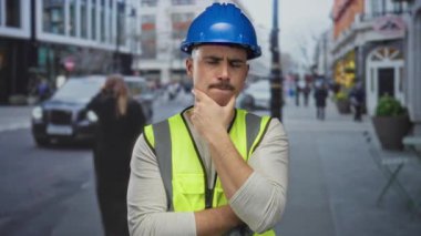 Kasketli ve yansıtıcı yelek giyen İspanyol genç adam yoğun bir şehir caddesinde düşünceli bir şekilde duruyor, şehir planlama ve inşaat temalarını vurguluyor..