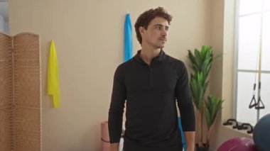 Genç adam modern bir spor salonunda, sıradan bir iç mekanda sağlığını ve sağlığını gösteriyor..