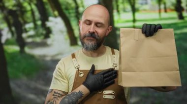 Sakallı ve eldivenli bir adam açık havada, yeşil bir parkta tulum giymiş, kendine güveni ve cazibesi olan yumuşak gülüşü ve kapalı gözleri olan bir kağıt torba tutuyor..