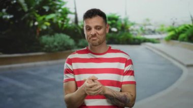 Çizgili tişört giyen genç adam şehir yeşillikleriyle çevrili bir sokakta neşeli bir ifadeyle dışarıda duruyor..