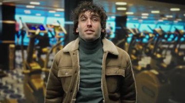 Spor salonunda kahverengi ceket giyen kıvırcık saçlı genç adam enerjik bir şekilde, egzersiz ekipmanları ve parlak ışıklandırmalarla çevrili..