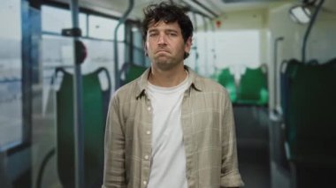 Otobüsteki İspanyol adam içeride gözleri kapatıyor, halka açık bir araç ayarında tefekkür ediyor, günlük gömlek giyiyor, şehir ulaşımı ortamını vurguluyor..