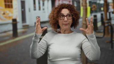 Orta yaşlı kıvırcık saçlı İspanyol kadın şehir sokaklarında gözlük ve beyaz gömlek takarak neşeli bir yüz ifadesi takınıyor..