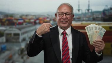 Takım elbiseli kıdemli bir adam, bir sahil limanında Czech Koruna banknotları tutuyor, bir gülümseme ile işaret ediyor, bir denizcilik arka planına karşı başarı ve zenginliğin özünü yakalıyor..