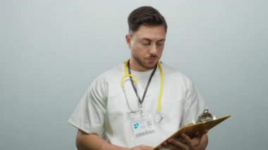 Sakallı ve steteskoplu genç bir doktor stüdyo ortamında beyaz arka planda duruyor..